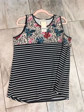 Kensie Navy Striped Tank with Floral Yoke